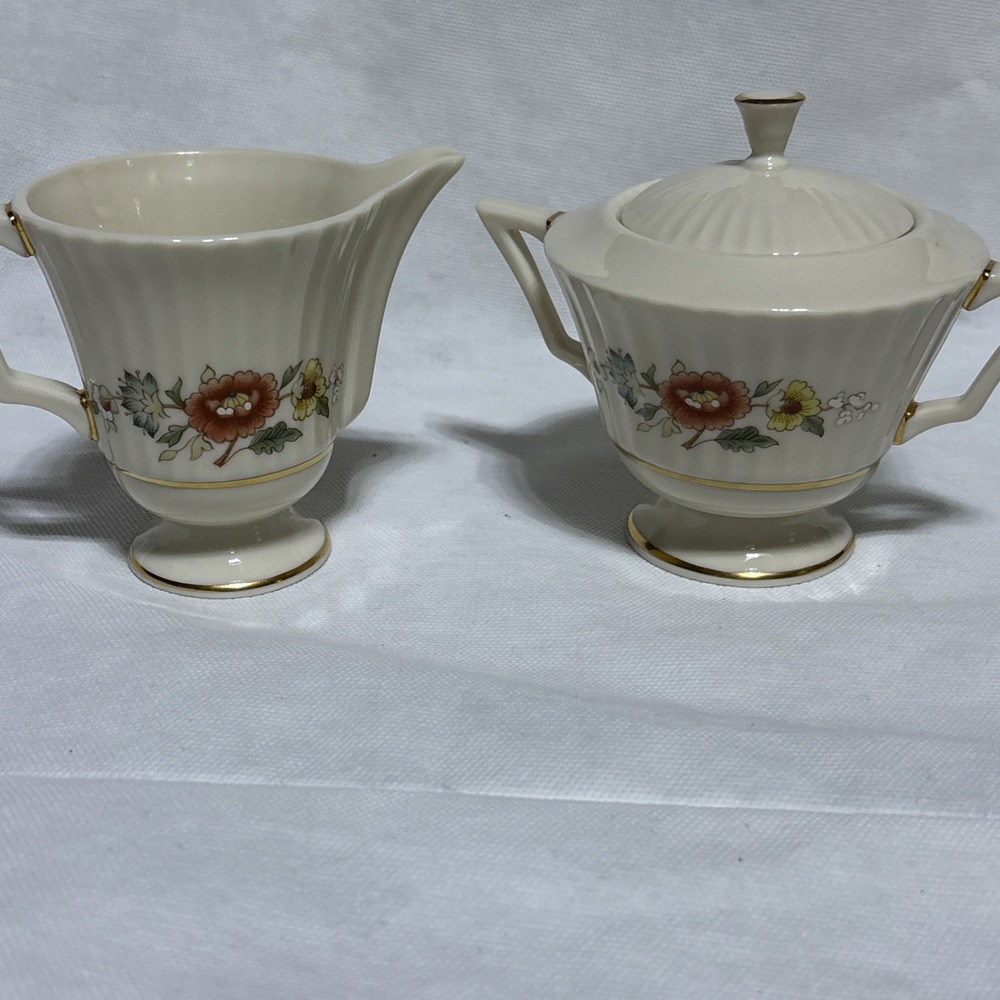 Lenox Temple Blossom Sugar Bowl W/ Lid & Creamer